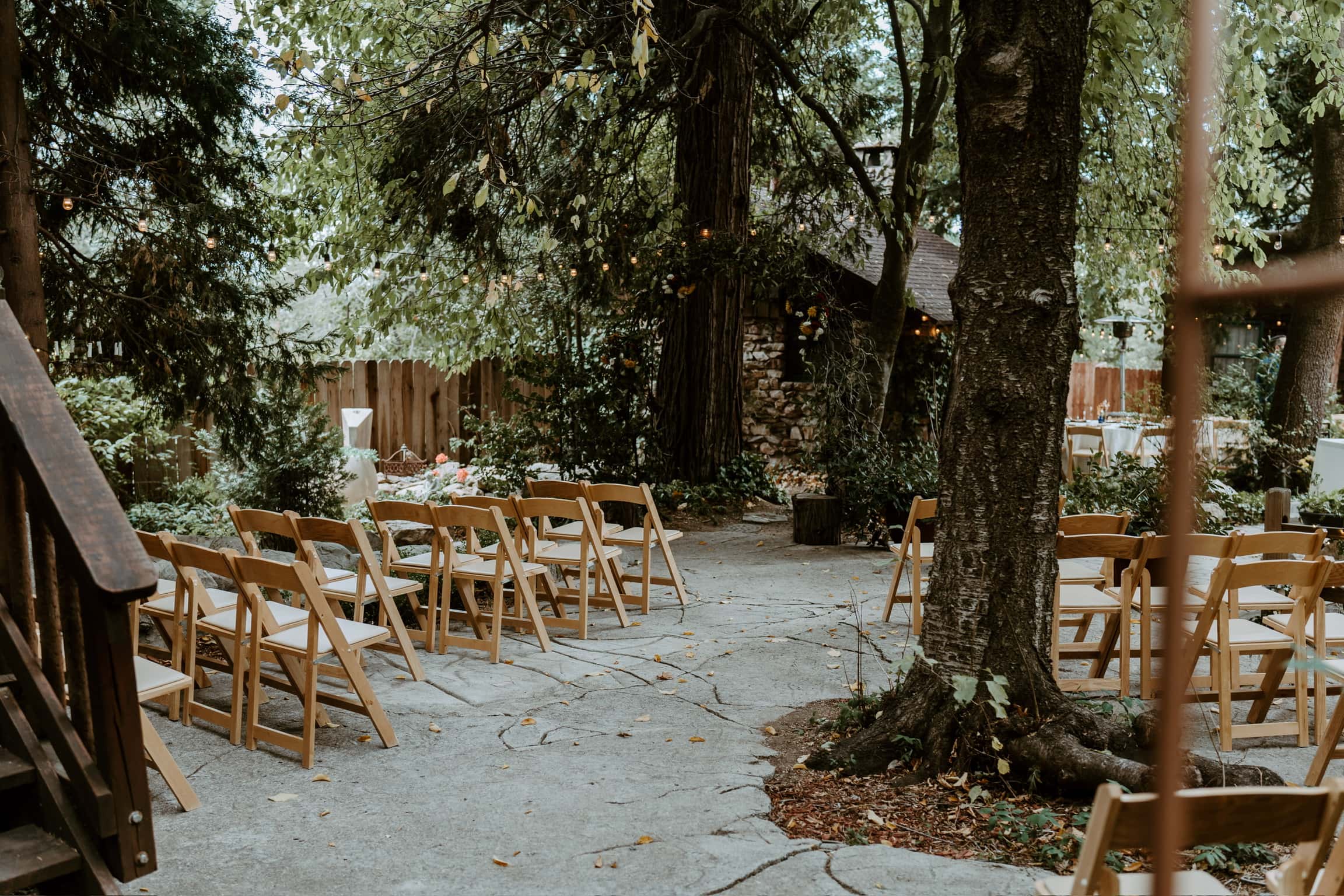 Wooden folding chairs set for a ceremony in the clearing at Willow Woods Park, beneath old-growth pines hung with string lights